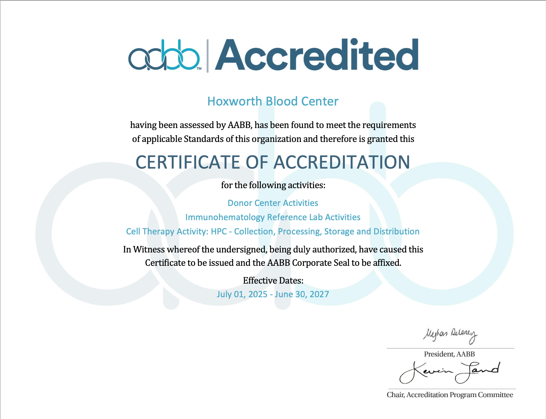 AABB Accreditation for Hoxworth Blood Center
