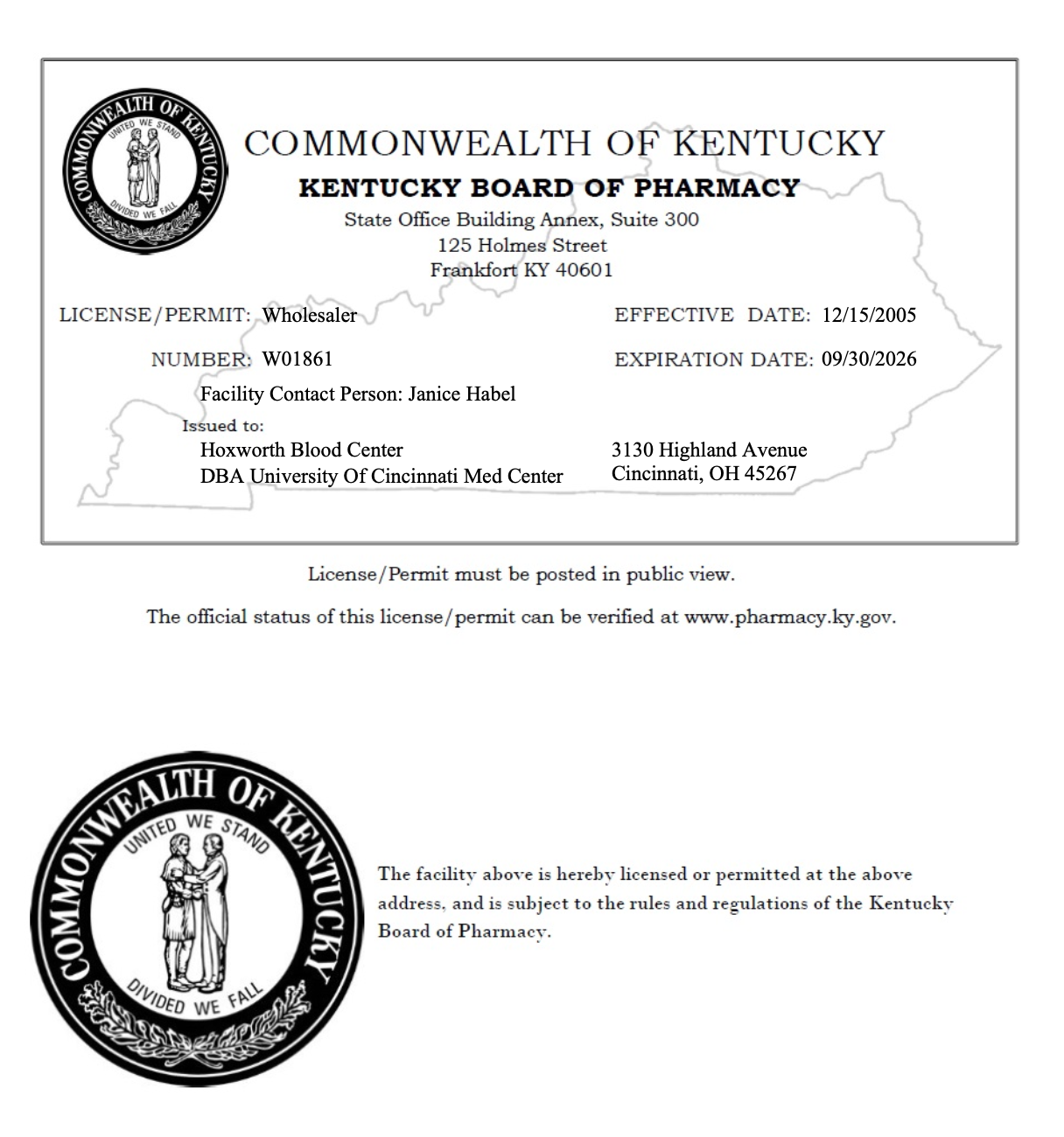 License from State of Kentucky Pharmacy for Hoxworth Blood Center