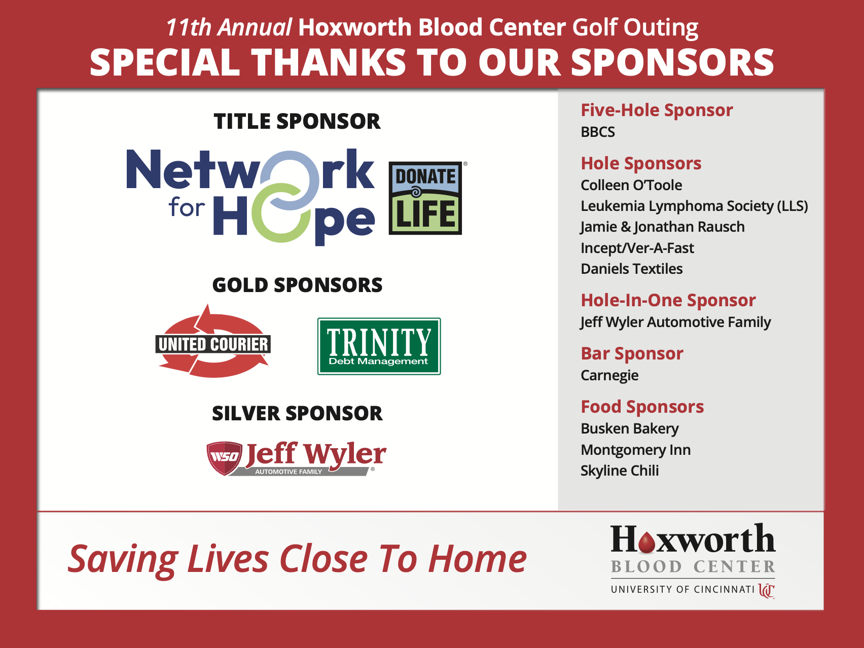 2025 Hoxworth Blood Center 11th Annual Golf Outing Fundraiser Sponsors