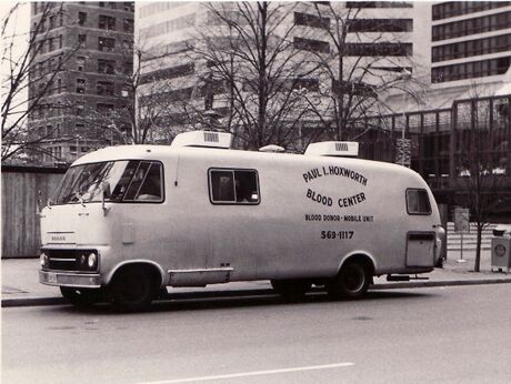 Black and white photo of a vintage bloodmobile