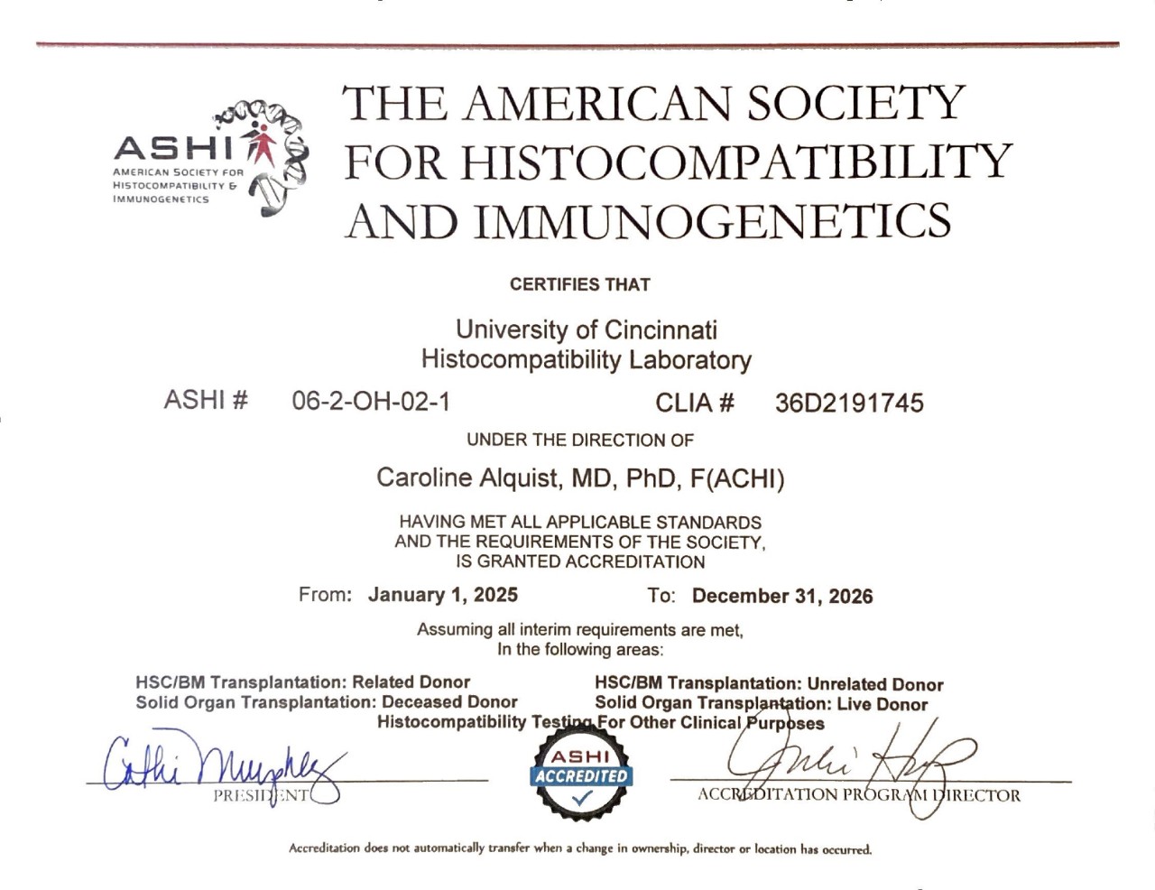 Accreditation from ASHI (American Society for Histocompatibility and Immunogenetics) for Hoxworth Blood Center